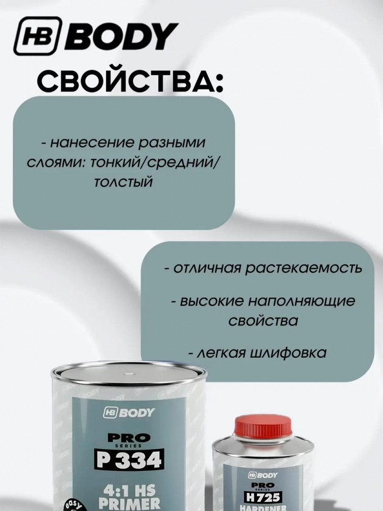 BODY/БОДИ Грунт 334 наполнитель 1л+отвердит H725 0,25 2K серый 1л