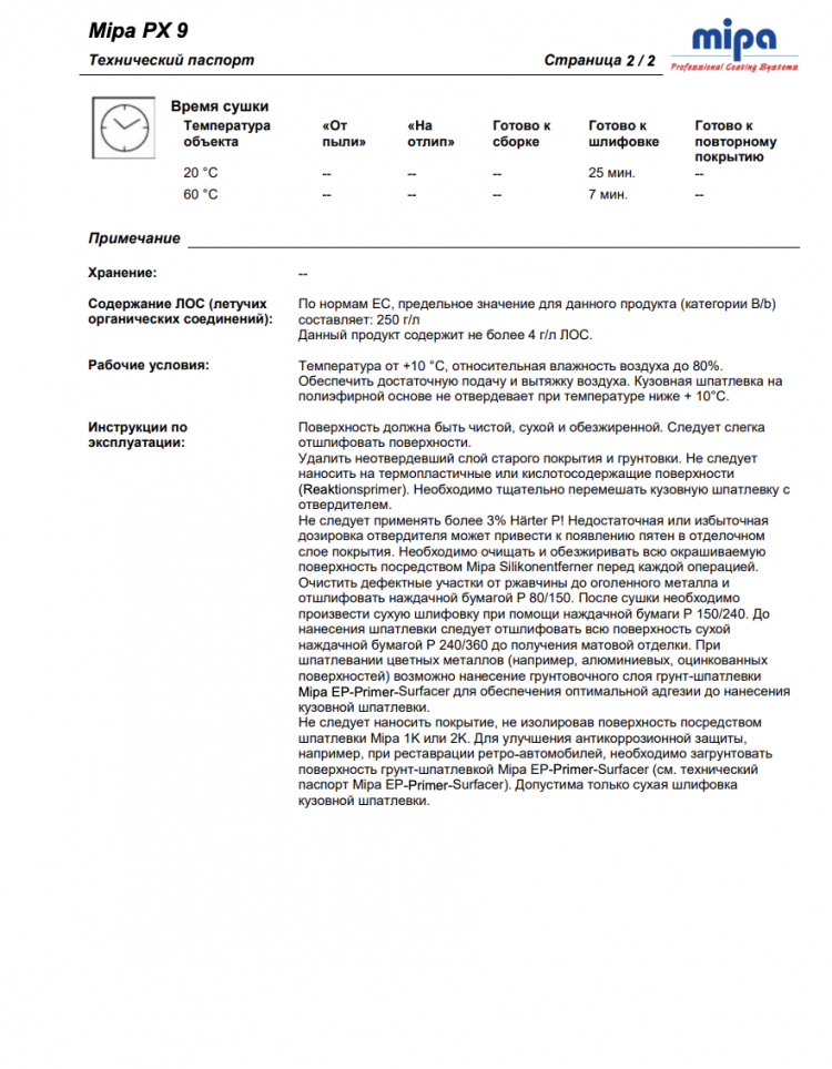 MIPA/МИПА Шпатлевка PX9 универсальная Soft 1,8кг