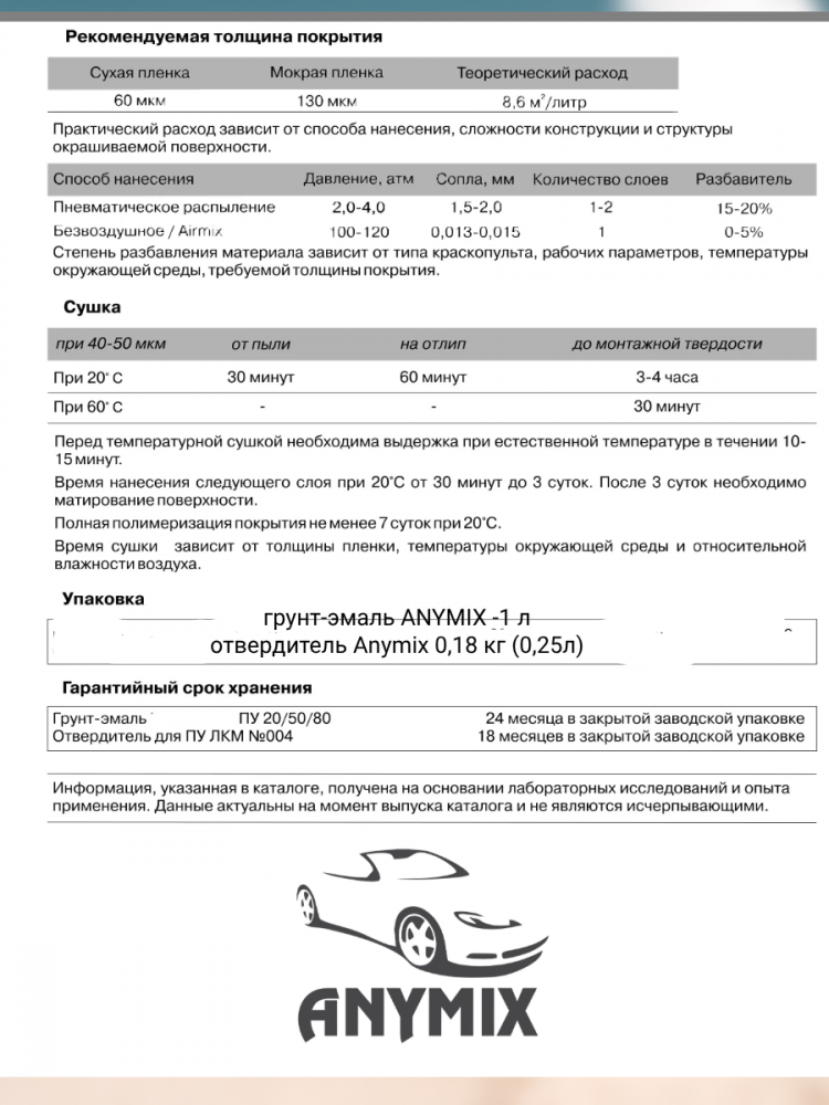 ANYMIX Грунт-эмаль ПУ 80 Ral 3020 Транспортный красный  1кг+отвердитель 0,18кг