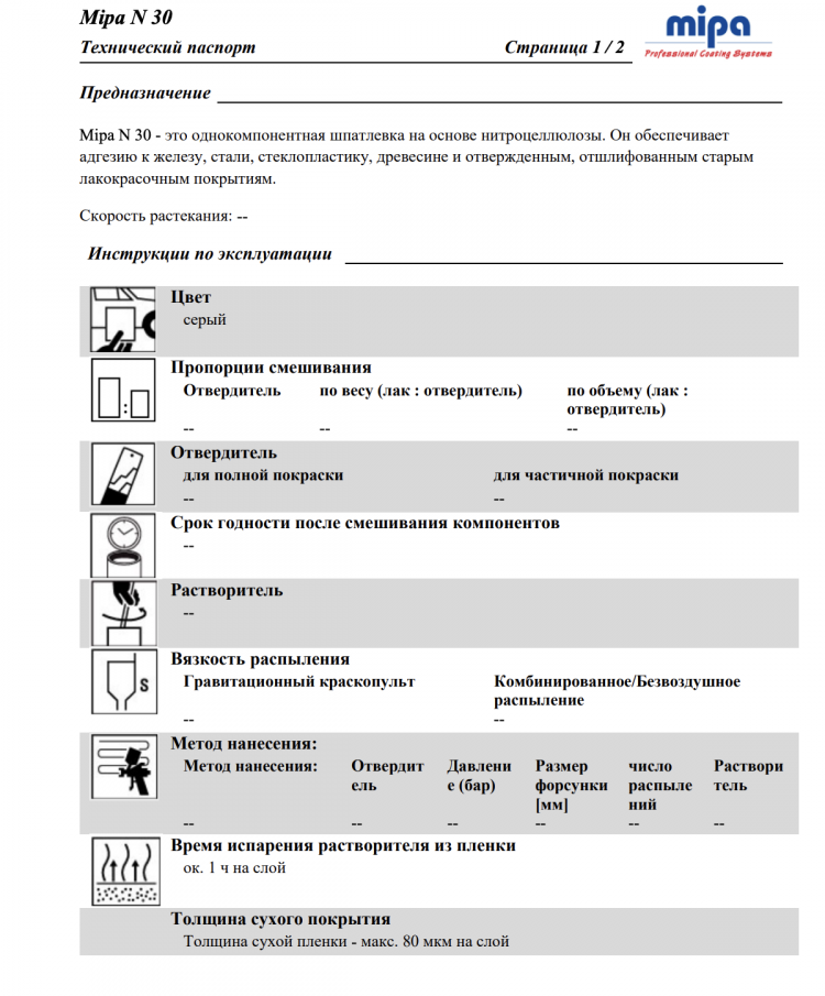 MIPA/МИПА Шпатлевка N30 нитро серая 1к 250г