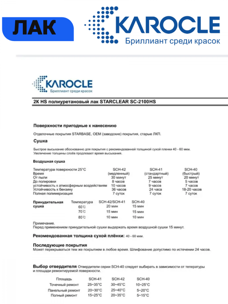 KAROCLE Лак полиуретановый 2:1 SC2100-HS 4л  + Отв SCH-51 2шт*1л