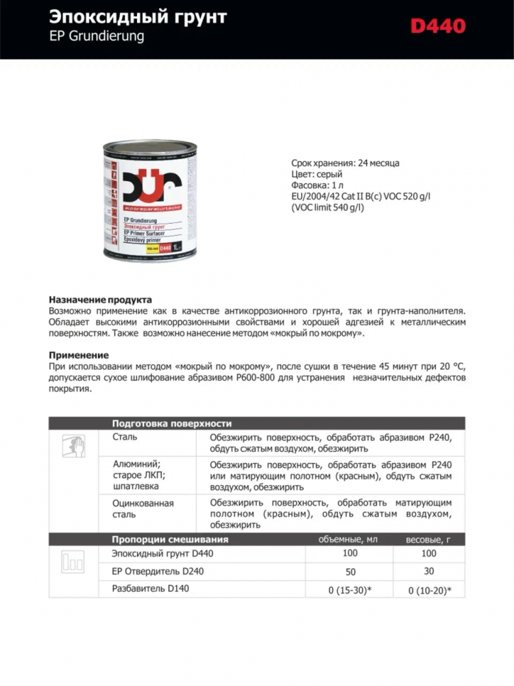 DUR/ДЮР Грунт EP 2+1 эпоксидный 1л D440 + отв0,5л D240