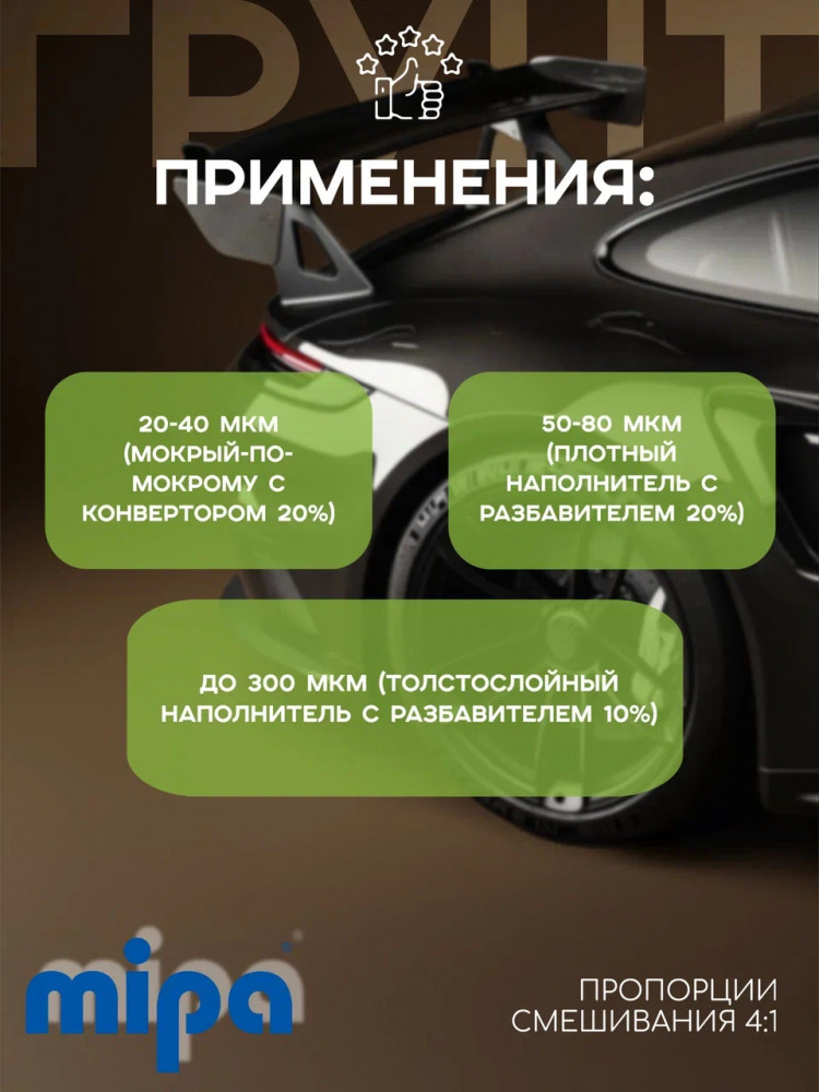 MIPA/МИПА Грунт 2К акриловый 4+1 толстослой HS Acrylfiller Черный 1л+отв H5 0.25л 228510004