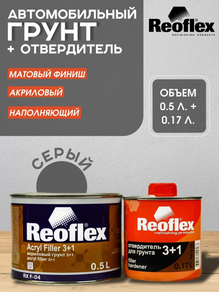 REOFLEX/РЕОФЛЕКС Грунт 3+1 2К акриловый Серый 0.5кг+отв 0,17