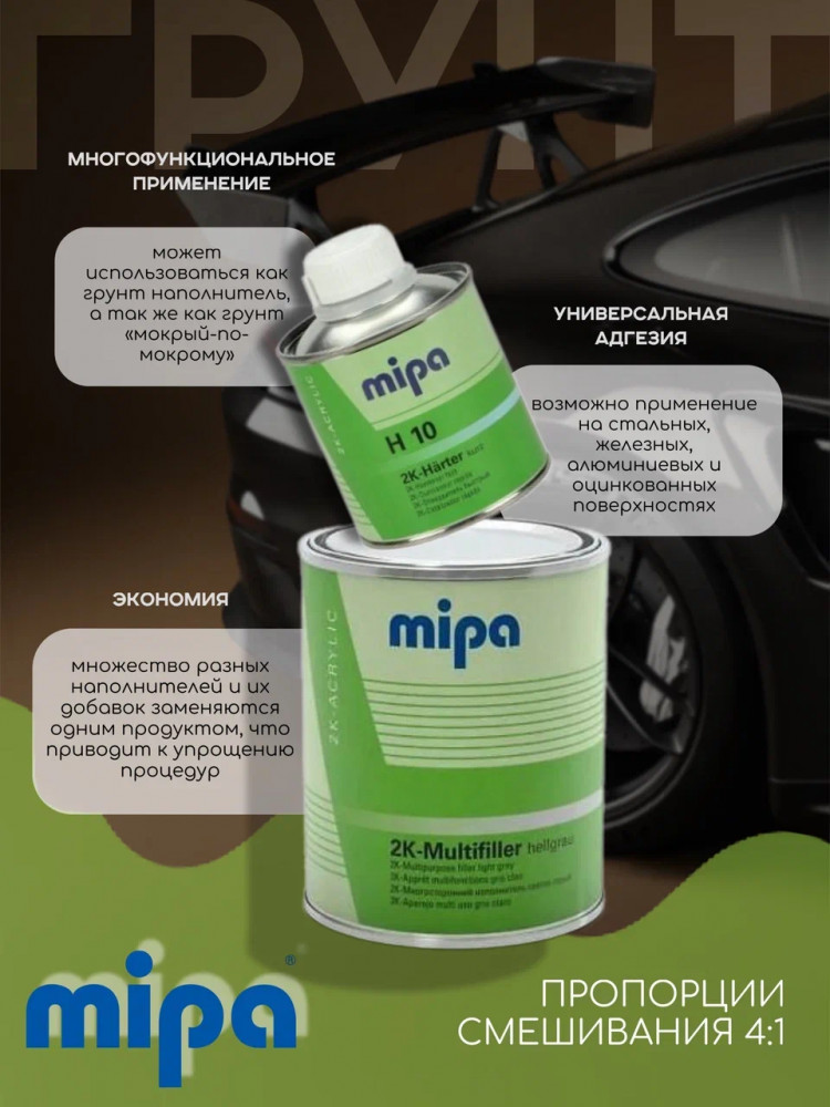 MIPA/МИПА Грунт 2К полиуретановый MULTIFILLER многоцелевой св.серый 1л+отв 0.25л H10 229110002