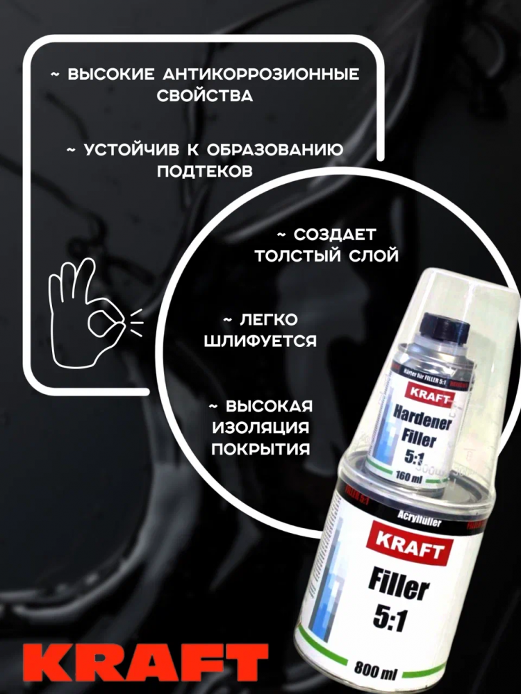 KRAFT/КРАФТ Грунт акриловый 5+1 FILLER наполнитель 0,8л+0,16л Черный 021003