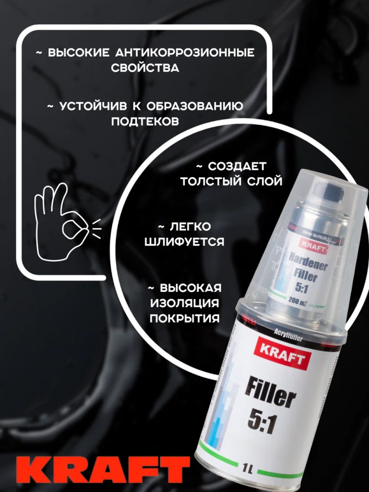 KRAFT/КРАФТ Грунт акриловый 5+1 FILLER наполнитель 1,0л+0,2л Черный 021031