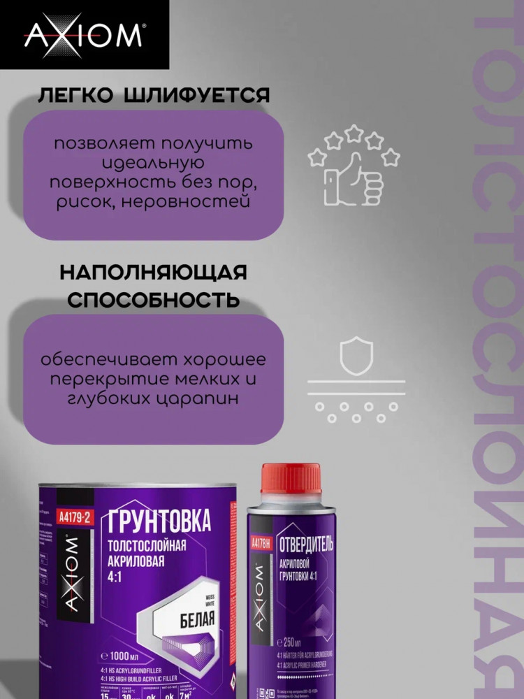 AXIOM/АКСИОМ Грунт акриловый 4+1 толстослой серый 1л А4179-1 + отв 0,25л А4178Н