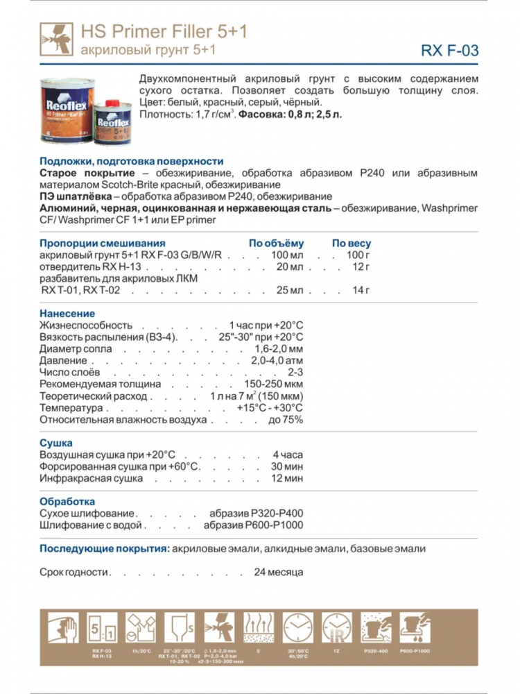 REOFLEX/РЕОФЛЕКС Грунт 5+1 2К акриловый серый F-03 0.8+отв 0,16