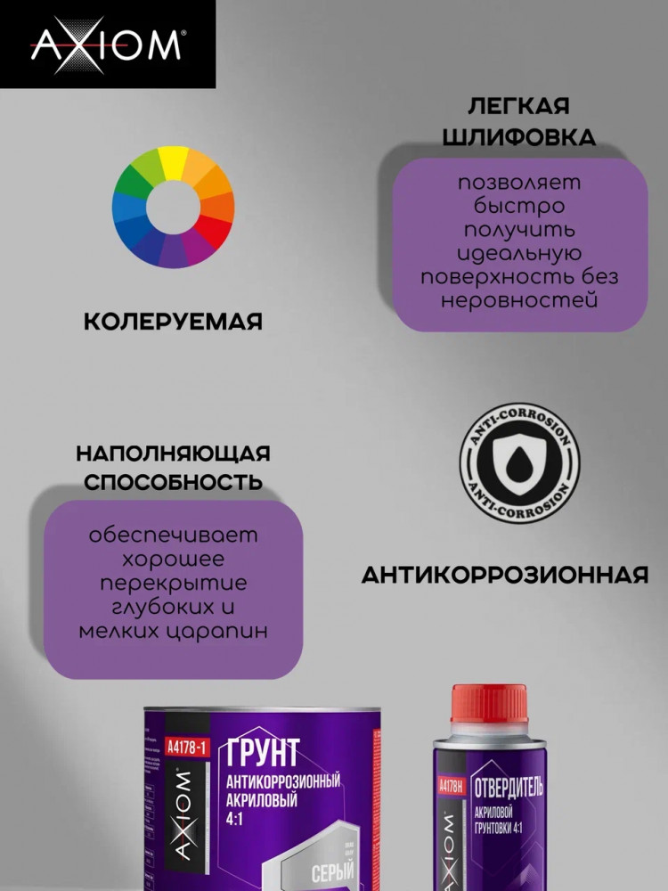 AXIOM/АКСИОМ Грунт акриловый 4+1 серый 1л А4178-1 + отв 0,25л А4178Н