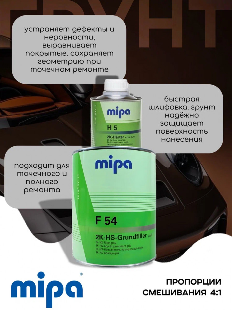 MIPA/МИПА Грунт F54 акриловый серый 1л+отв H5 0.25л наполняющий 2288100021S
